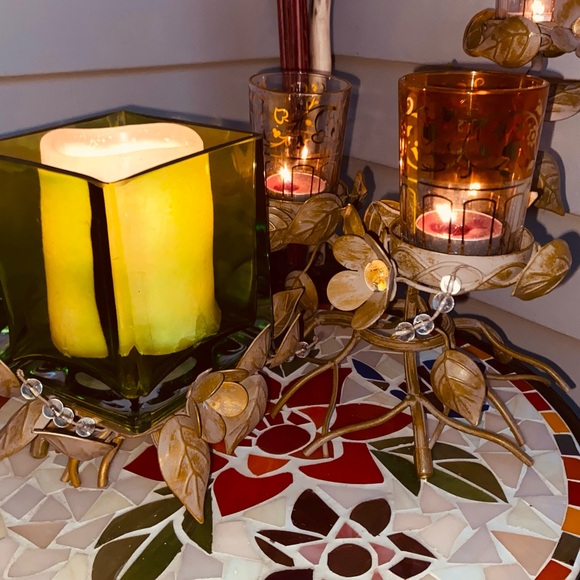 PartyLite Vintage 3+1 Candle Holder Centerpiece-Metal Leaves&Flowers, Beads&Gems - Picture 4 of 17